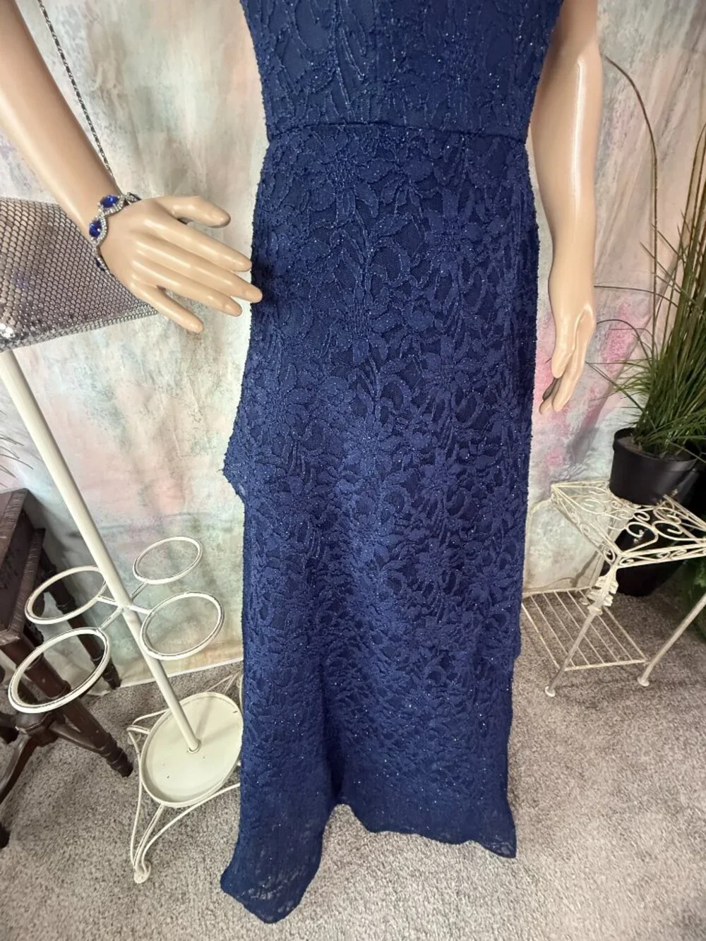 📌BCX Romantic Floral Lace Navy Blue w/Glitter Formal - Prom - Bridesmaid Dress - Picture 6 of 16